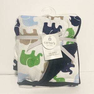 Carters Navy White Green Elephant Baby Blanket Infant Boys Sherpa Minky Lovey